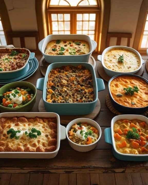 Overhead shot of casseroles on a table
