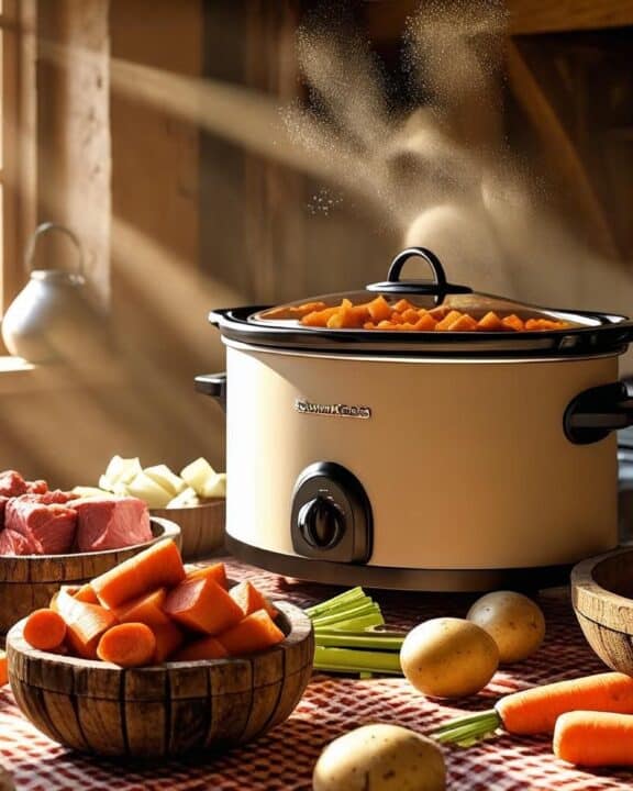 a slow cooker on a counter with beef stew ingredients