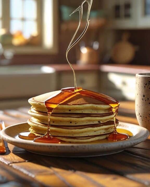 pancakes drizzeled with syrup and a steaming cup of coffee
