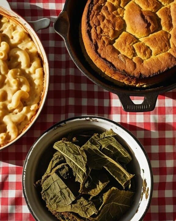Overhead shot of a vintage Southern potluck spread on a red and white checkered tablecloth, bathed in warm, natural light. The spread features creamy mac and cheese in a rustic, slightly browned baking dish, a golden-brown cornbread in a cast iron skillet with visible texture, and vibrant green collard greens in a chipped enamel bowl showing signs of age. The scene emphasizes homey comfort and abundant hospitality, photographed with sharp focus and natural lighting.
