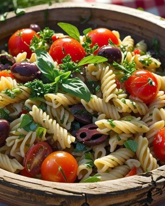 Overhead hero shot of a vibrant pasta salad studded with cherry tomatoes, olives, and fresh herbs in a rustic wooden bowl on a picnic‑blanket backdrop.