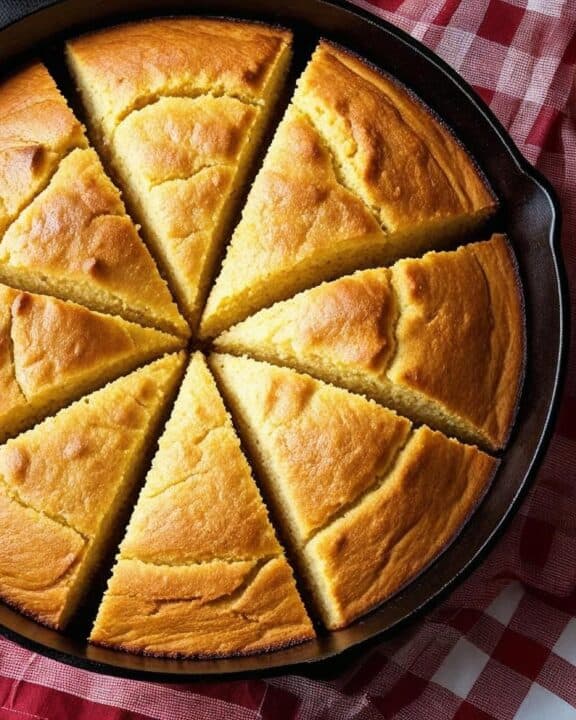 Overhead shot of a golden skillet cornbread cut in wedges, cooling on a gingham tablecloth beside a wooden spoon and a jar of honey.