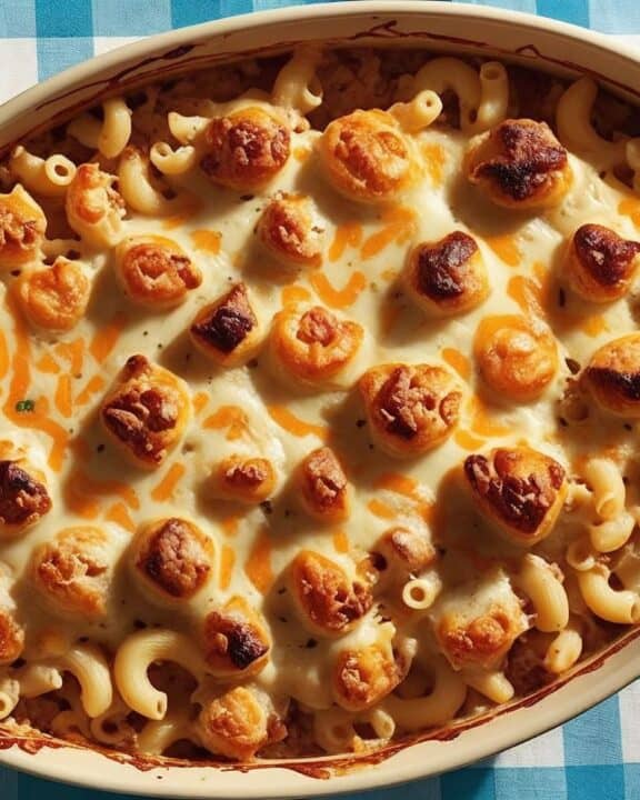 Overhead shot of a bubbling beef-macaroni casserole, crowned with a golden-brown, melted cheddar cheese crust, resting on a vibrant light blue and white gingham tablecloth. The casserole is in a classic oval ceramic baking dish, slightly browned around the edges, revealing creamy, cheesy macaroni beneath the perfectly browned cheese crust. Warm, inviting lighting casts gentle shadows on the tablecloth, enhancing the rich colors and textures.