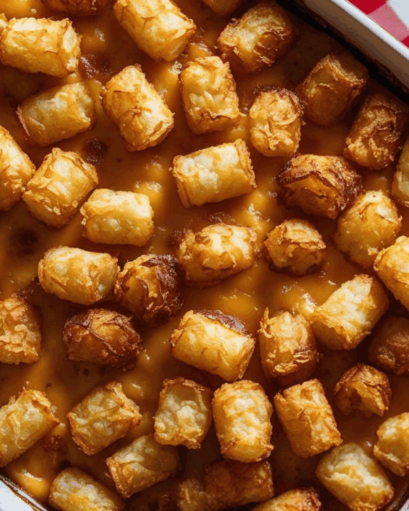 Overhead shot of a golden Tater Tot casserole fresh from the oven, crispy topping and creamy filling visible, set on a checkered church‑hall tablecloth beside a wooden serving spoon.