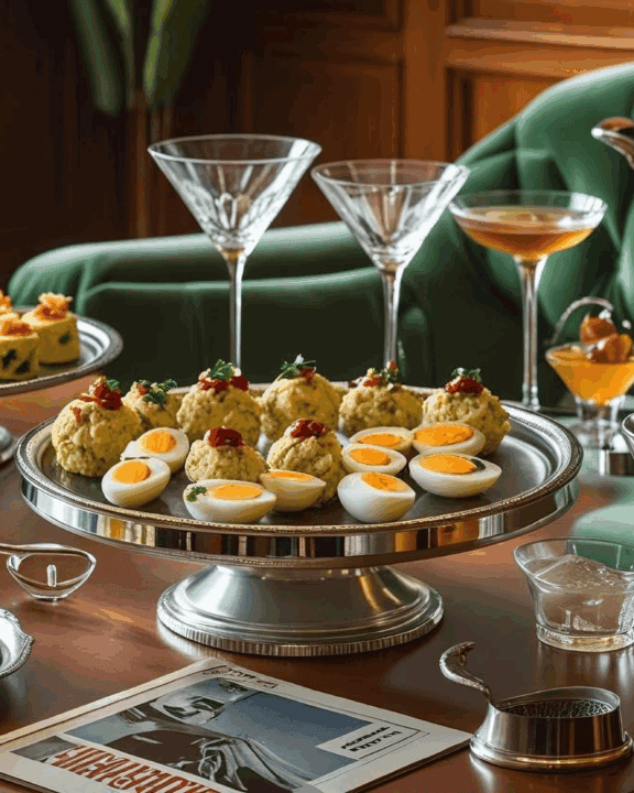 A vintage 1960 coffee table with martinis and light bites