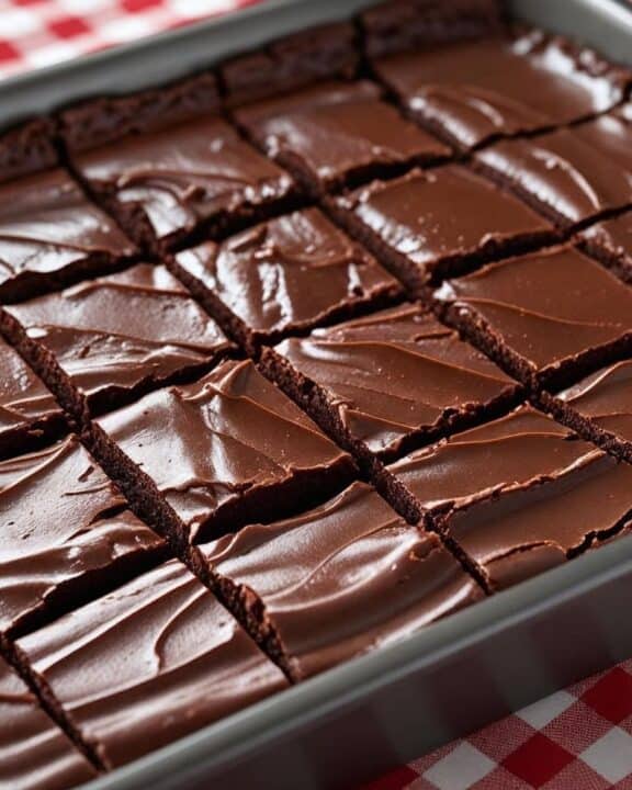 A 9×13 pan of glossy chocolate‑frosted brownies cut into neat squares, resting on a gingham tablecloth beside a wooden spatula.