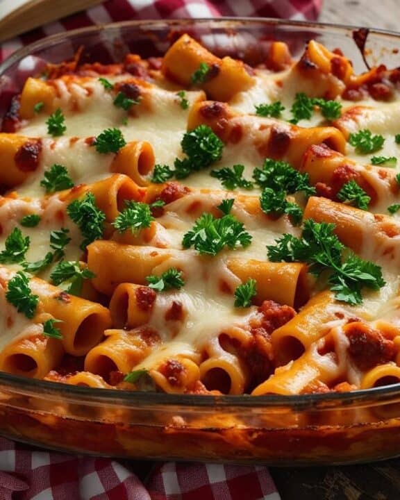 A bubbling baked ziti in a well‑used glass dish, garnished with fresh parsley, resting on a gingham church‑hall table beside a wooden serving spoon and folded recipe card.