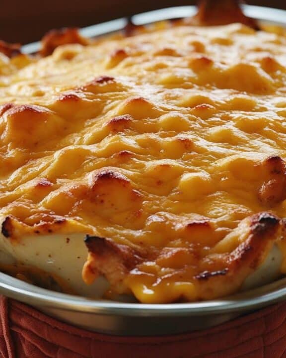 A bubbling king ranch chicken casserole crowned with melted cheddar, set on a quilted potluck carrier.