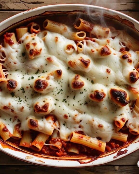 Overhead shot of a vintage casserole dish filled with baked ziti, topped with bubbling cheese and golden edges, surrounded by plates, napkins, and serving utensils on a checkered tablecloth.