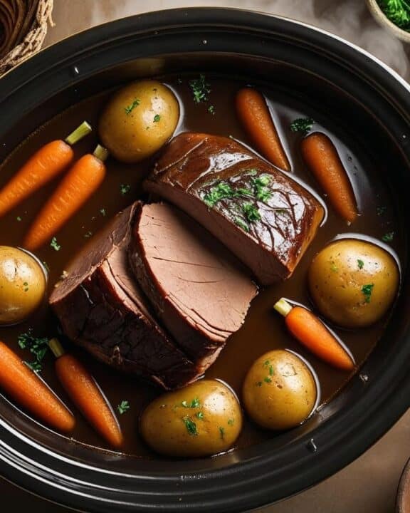 Overhead shot of a rustic, enameled cast iron slow cooker brimming with a tender pot roast, glistening carrots, and creamy potatoes swimming in a rich, dark brown gravy. Surrounding the slow cooker are three warm, crusty artisan bread rolls in a woven basket, and two rustic serving bowls, one filled with fresh parsley and the other with horseradish cream. The scene is lit with warm, golden light, emphasizing the steam rising gently from the slow cooker.