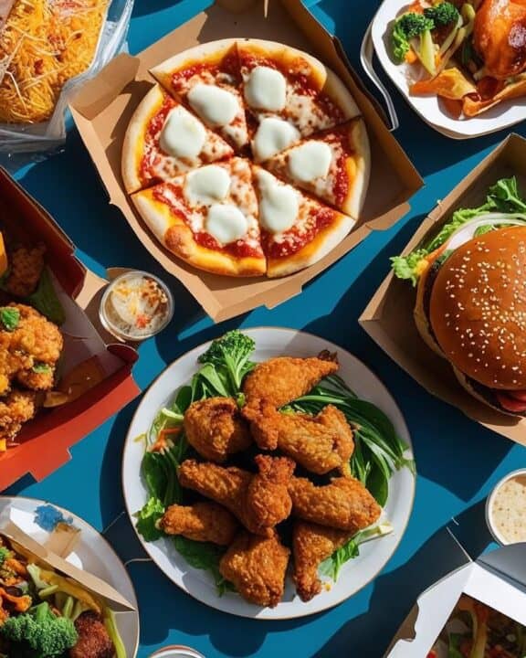 Overhead shot of a colorful table filled with homemade takeout favorites: fried rice, pizza, burgers, and crispy chicken, styled in takeout boxes and plates.