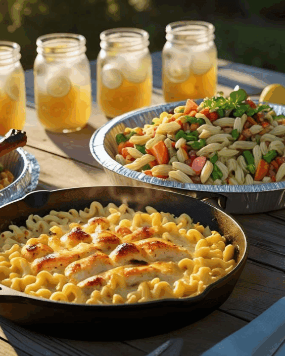 A rustic outdoor farmhouse table, bathed in warm afternoon sunlight, laden with a bubbling cast-iron skillet of mac and cheese, a glistening foil-pan of roasted chicken, a vibrant pasta salad overflowing with colorful vegetables, and several mason jars filled with refreshing lemonade. The scene is styled in a photorealistic manner, with attention to detail in the textures and lighting.