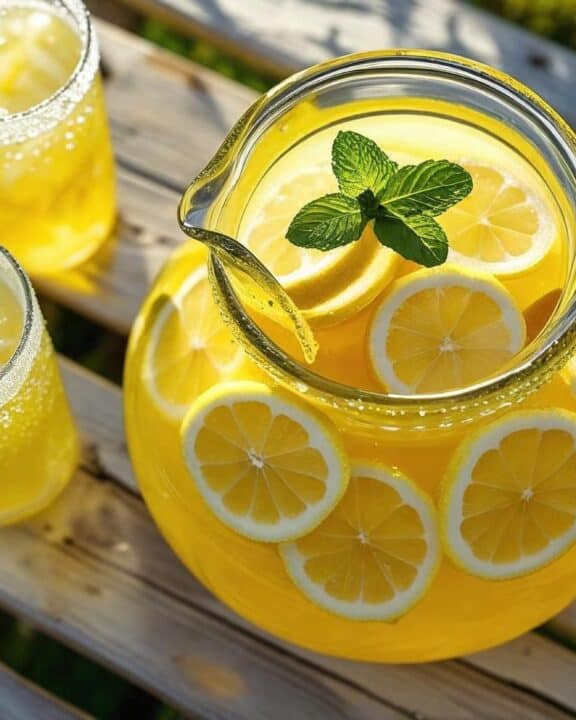 Overhead shot of a pitcher of fresh lemonade with floating lemon wheels and a handful of mint sprigs, set on a weathered picnic table beside frosty glasses.