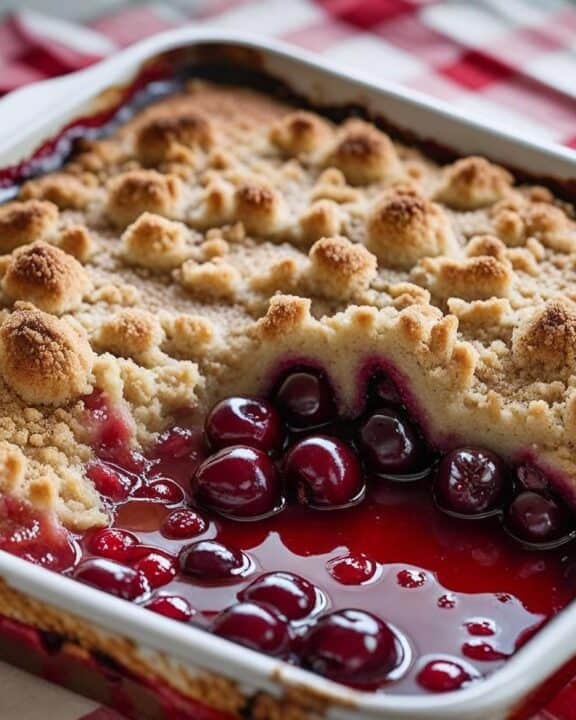 A photograph of a warm, homemade cherry dump cake, slightly browned on top, sitting on a red and white gingham tablecloth. The cake is presented in a rustic, slightly chipped enamel baking dish, with visible juicy cherries peeking through the crumbly topping. The setting is simple and inviting, with soft, natural light illuminating the scene.