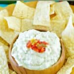 Homemade Casa Ole green sauce served with tortilla chips.