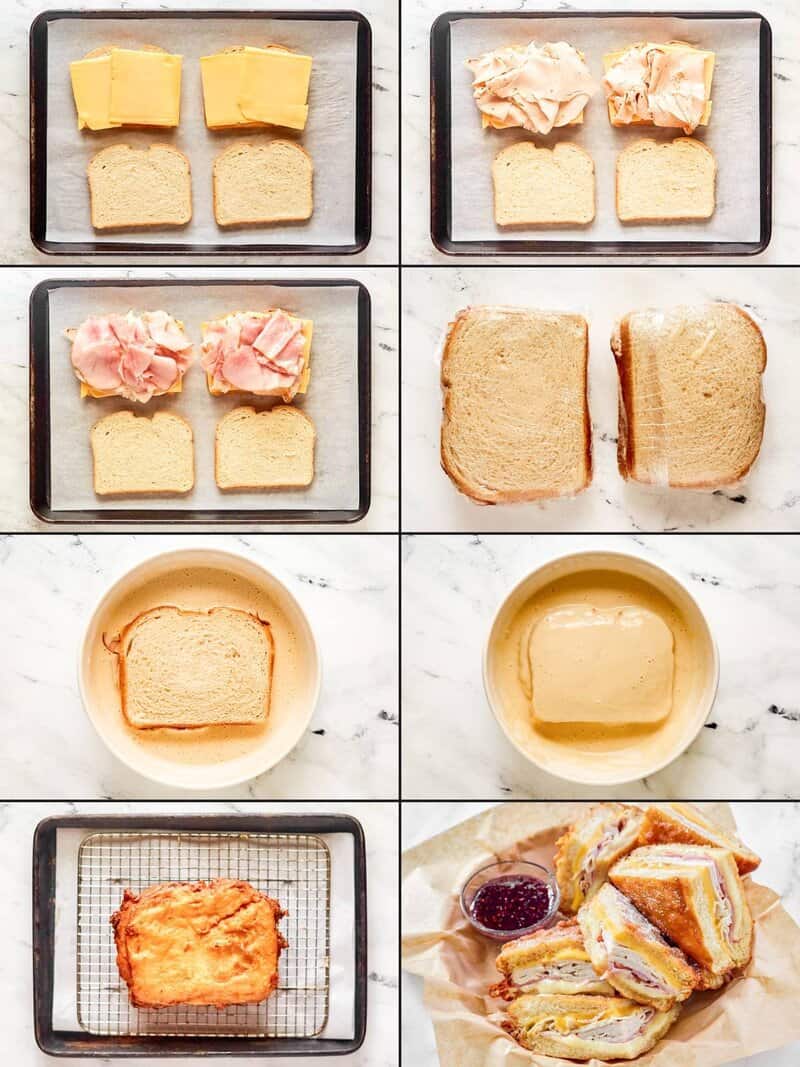Making Cheddar's monte cristo sandwich.