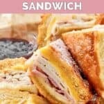 Slices of a homemade Cheddar's monte cristo sandwich in a serving basket.