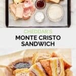 Copycat Cheddar's monte cristo ingredients and the sandwich in a serving basket.
