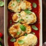Eggplant parmesan in a baking dish.