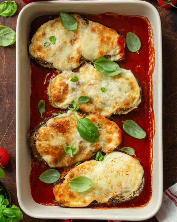 Eggplant parmesan in a baking dish.
