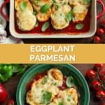 Homemade eggplant parmesan in a baking dish and on a plate.