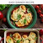 Homemade baked eggplant parmesan on a plate and in a baking dish.