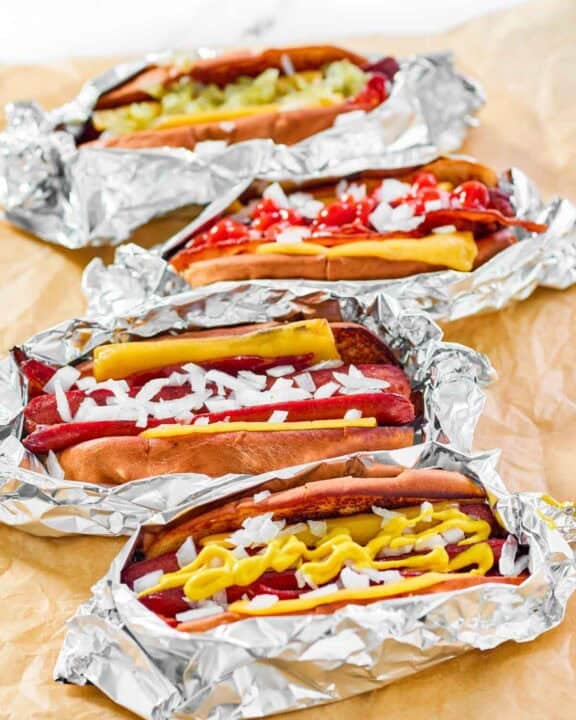 Copycat Five Guys hot dogs with various toppings.