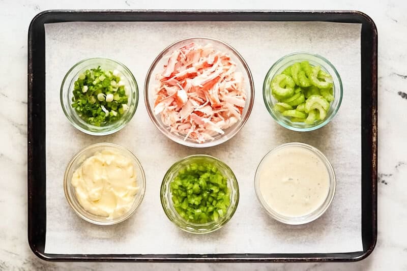 Copycat Golden Corral seafood salad ingredients on a tray.