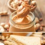 A jar of homemade peanut butter and a peanut butter sandwich.