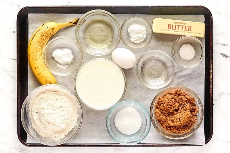 Copycat IHOP bananas foster pancakes ingredients on a tray.
