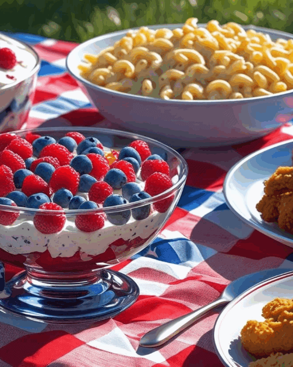 a picnic table with a berry triffle, macaroni salad, and fried chicken