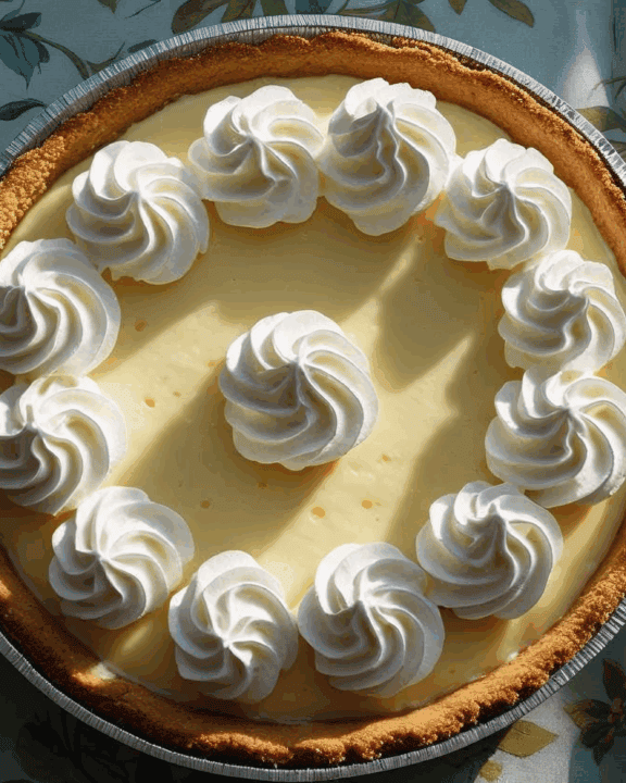 Overhead shot of a lemon icebox pie in a golden-brown graham cracker crust, its creamy, pale yellow lemon filling subtly visible beneath tall, softly peaked swirls of fluffy white whipped cream. The pie rests on a vintage church-hall tablecloth, featuring a faded floral pattern in muted blues and greens, with subtle hints of faded pink. The scene is bathed in soft, diffused natural light, illuminating the textures and enhancing the contrast between the warm crust and cool filling. The light creates gentle shadows, accentuating the swirls of whipped cream and the detailed pattern of the tablecloth.