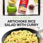 Rice-A-Roni curried artichoke salad ingredients and the salad in a bowl.