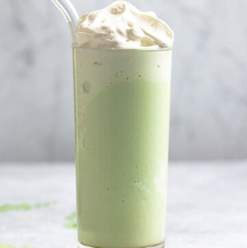 Copycat Starbucks matcha green tea frappuccino in a tall glass.