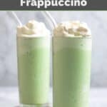 Homemade Starbucks matcha frappuccino drinks with whipped cream on top.