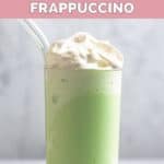 Homemade starbucks matcha frappuccino topped with whipped cream.