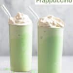 Two homemade starbucks matcha green tea frappuccino drinks on coasters.
