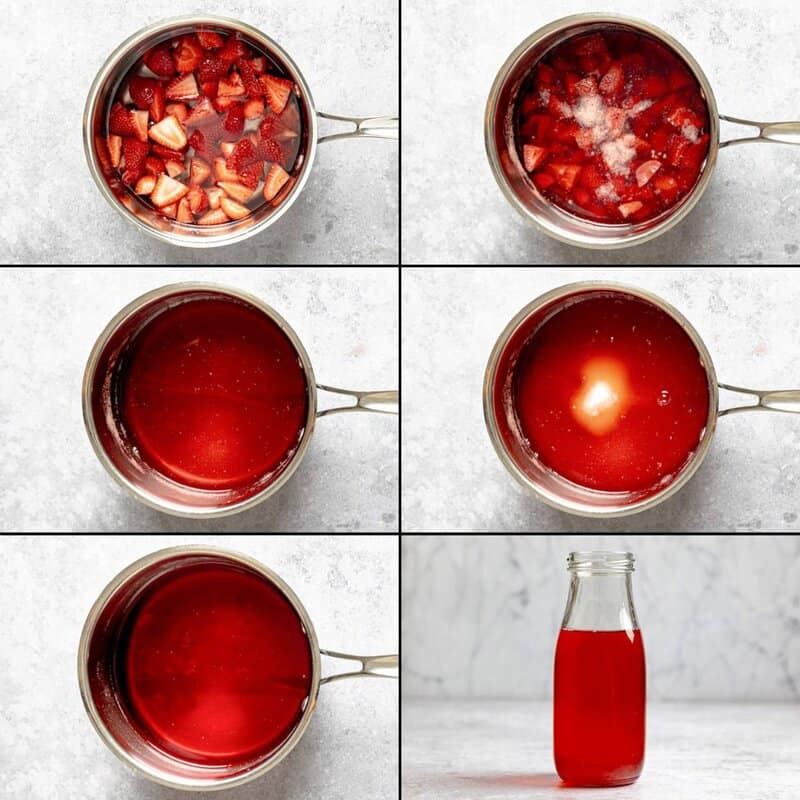 Making strawberry syrup with fresh strawberries.