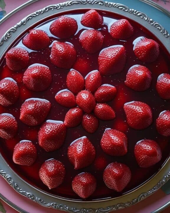 Overhead close-up shot of a glistening, ruby-red strawberry jello pie, meticulously arranged on a slightly ornate silver serving tray with delicate scrollwork. The pie sits atop a pastel pink and blue vintage tablecloth featuring a delicate floral pattern of forget-me-nots and roses, creating a soft, nostalgic ambiance reminiscent of the 1950s or 1960s. The lighting is soft and diffused, highlighting the jewel-toned red of the jello and the subtle textures of the tablecloth. The overall style evokes a vintage, mid-century modern aesthetic with a focus on pastel colors and soft, diffused light.