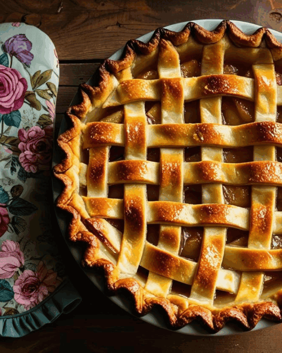 Overhead shot of a golden lattice-topped apple pie on a worn wooden table, next to a vintage floral oven mitt in a tin pie plate.