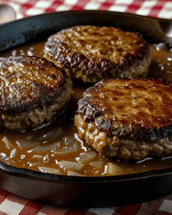 A cast-iron skillet filled with golden-brown Salisbury steak patties blanketed in onion gravy, resting on a vintage checkered tablecloth alongside a wooden spoon.