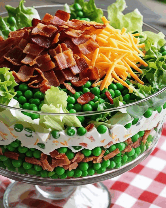 Overhead shot of a seven-layer salad in a clear glass trifle bowl, showcasing crisp lettuce, vibrant green peas, crispy bacon bits, and shredded cheddar cheese in distinct layers. The bowl sits on a red and white gingham tablecloth, next to a rustic wooden serving spoon. The lighting is bright and natural, emphasizing the freshness of the ingredients.