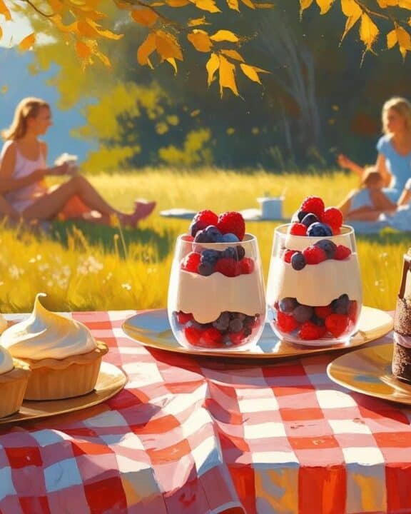 A picnic table outdoors with an array of colorful no-bake desserts in glass dishes and serving bowls, with a sunny summer backdrop, checkered tablecloth, and people enjoying the treats in the background.
