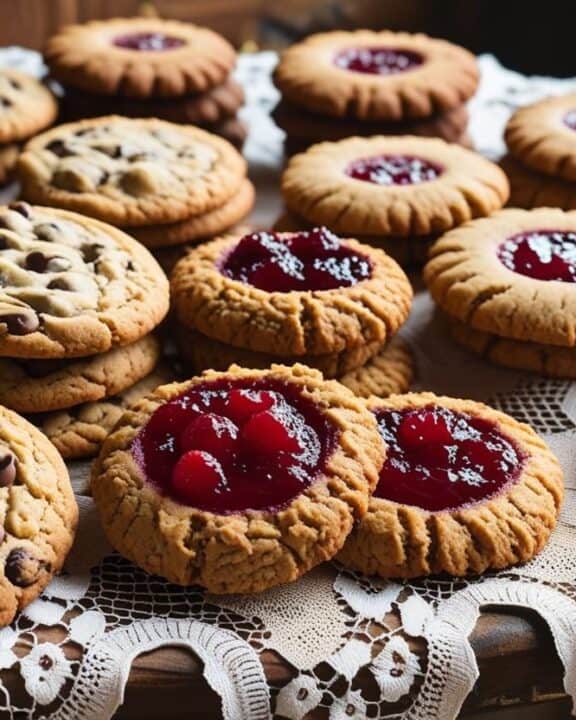 An assortment of cookies on a vintage church bake sale table, including chocolate chip, oatmeal raisin, and thumbprints with jam centers.