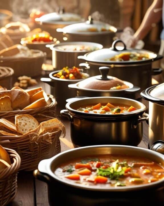 A long potluck table with slow cookers, stockpots, and tureens filled with steaming soups, surrounded by baskets of bread and crackers.