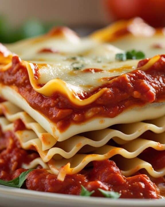 A slice of layered lasagna-style casserole showing cheese, pasta, and sauce layers.