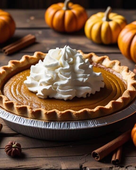 A rustic wooden table with a pumpkin pie topped with whipped cream, surrounded by cinnamon sticks and mini pumpkins.