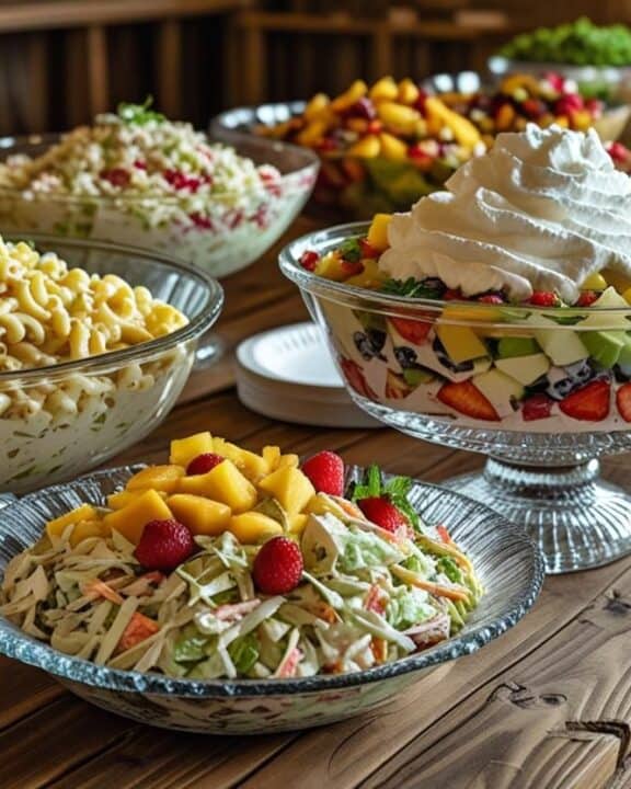 A long potluck table featuring large serving bowls of macaroni salad, layered salad in a trifle dish, fruit salad with whipped topping, and coleslaw, with serving spoons and small paper plates nearby.
