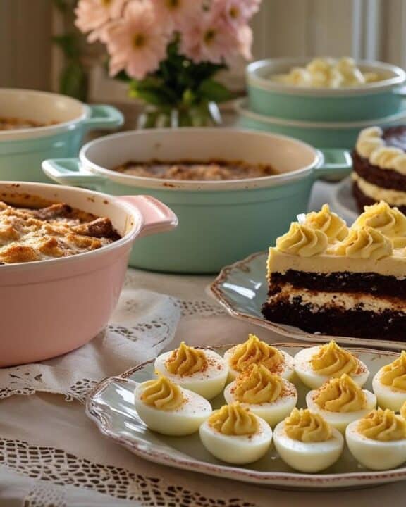 A cozy, nostalgic tablescape featuring vintage Pyrex, a lace tablecloth, a bubbling casserole, deviled eggs, and a classic layer cake—styled to feel like Sunday supper at Grandma’s house..