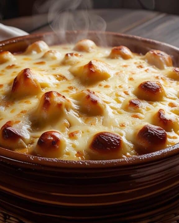A steaming casserole dish fresh from the oven, topped with melted cheese, surrounded by a simple weeknight table setting.